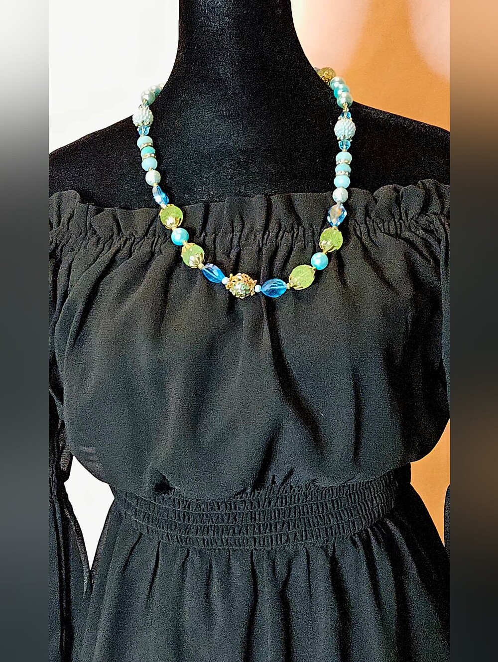 Chunky Beaded Statement Necklace Teal Lime Green Aqua Gold Filigree Focal